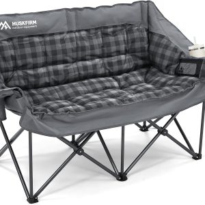 Double Camping Chairs Padded Loveseat Chair for 2 Person - Heavy Duty Oversized Camping Couch for Adults Outdoor Lawn Beach - Portable Folding Sofa with Cup Holders and Carry Bag, Grey